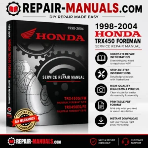 1998-2004 Honda TRX450 Foreman Factory Service Repair Manual PDF Download featuring Repair-Manuals.com branding for TRX450S FM and TRX450ES FE ATV models.