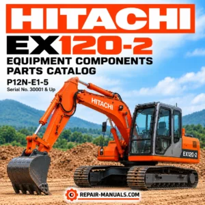 Hitachi EX120-2 hydraulic excavator equipment components parts catalog P12N-E1-5 cover featuring an orange tracked Hitachi excavator