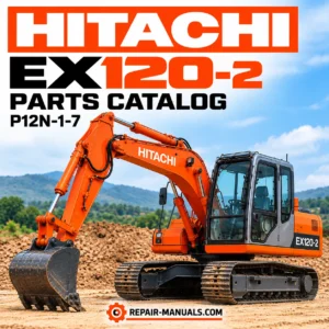Hitachi EX120-2 hydraulic excavator parts catalog P12N-1-7 cover featuring an orange Hitachi tracked excavator