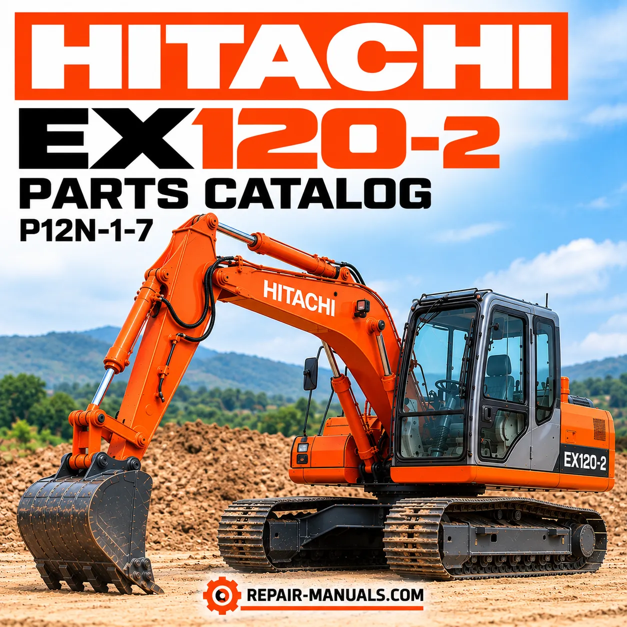 Hitachi EX120-2 hydraulic excavator parts catalog P12N-1-7 cover featuring an orange Hitachi tracked excavator