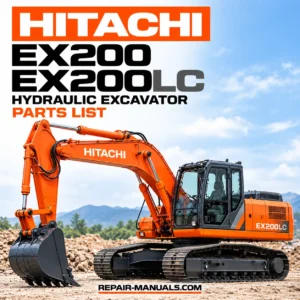 Hitachi EX200 and EX200LC Hydraulic Excavator Parts List PDF cover featuring an orange Hitachi tracked excavator