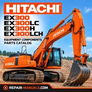 Hitachi EX300, EX300LC, EX300H and EX300LCH hydraulic excavator equipment components parts catalog cover featuring an orange Hitachi crawler excavator