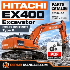 Download Hitachi EX400 Cold District Type B Excavator Parts Catalog PDF, publication RP164-2-1. Covers serial 03687–03751 with illustrated parts diagrams.
