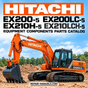 Hitachi EX200-5, EX200LC-5, EX210H-5 and EX210LCH-5 equipment components parts catalog cover featuring an orange Hitachi tracked excavator