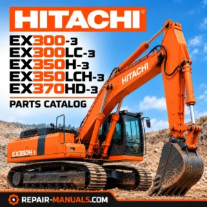 Hitachi EX300-3, EX300LC-3, EX350H-3, EX350LCH-3 and EX370HD-3 hydraulic excavator parts catalog cover featuring an orange Hitachi crawler excavator
