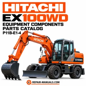 Hitachi EX100WD wheeled excavator equipment components parts catalog P11B-E1-4 cover featuring an orange Hitachi excavator