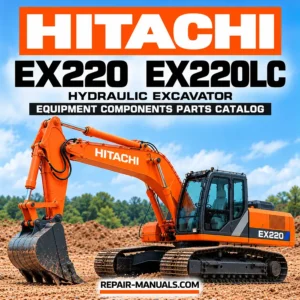 Hitachi EX220 and EX220LC hydraulic excavator equipment components parts catalog cover featuring an orange Hitachi tracked excavator