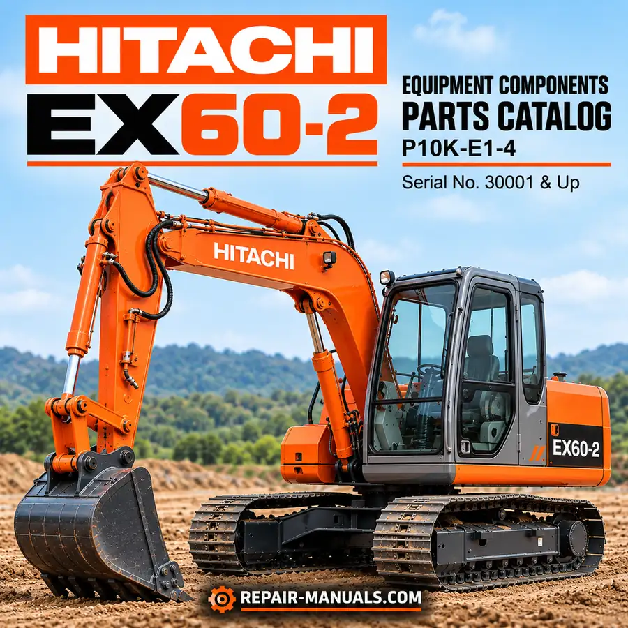 Hitachi EX60-2 excavator equipment components parts catalog P10K-E1-4 cover featuring an orange tracked excavator