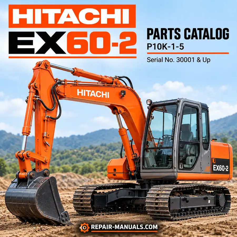 Hitachi EX60-2 excavator parts catalog P10K-1-5 cover featuring an orange tracked excavator with Repair-Manuals.com branding