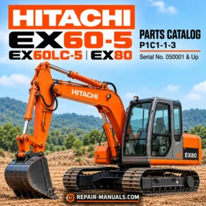 Hitachi EX60-5, EX60LC-5 and EX80 excavator parts catalog P1C1-1-3 cover featuring an orange Hitachi tracked excavator