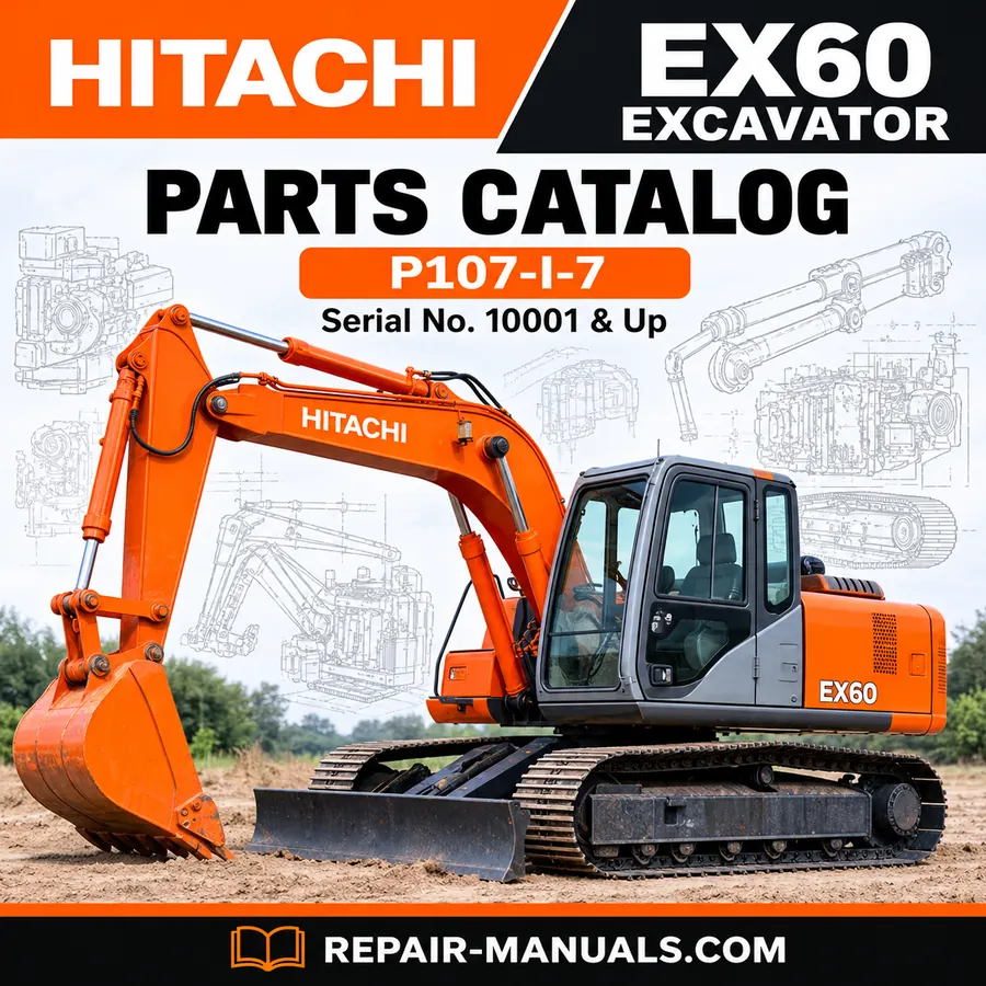 Hitachi EX60 excavator parts catalog PDF P107-I-7 cover showing orange Hitachi excavator, serial number 10001 and up