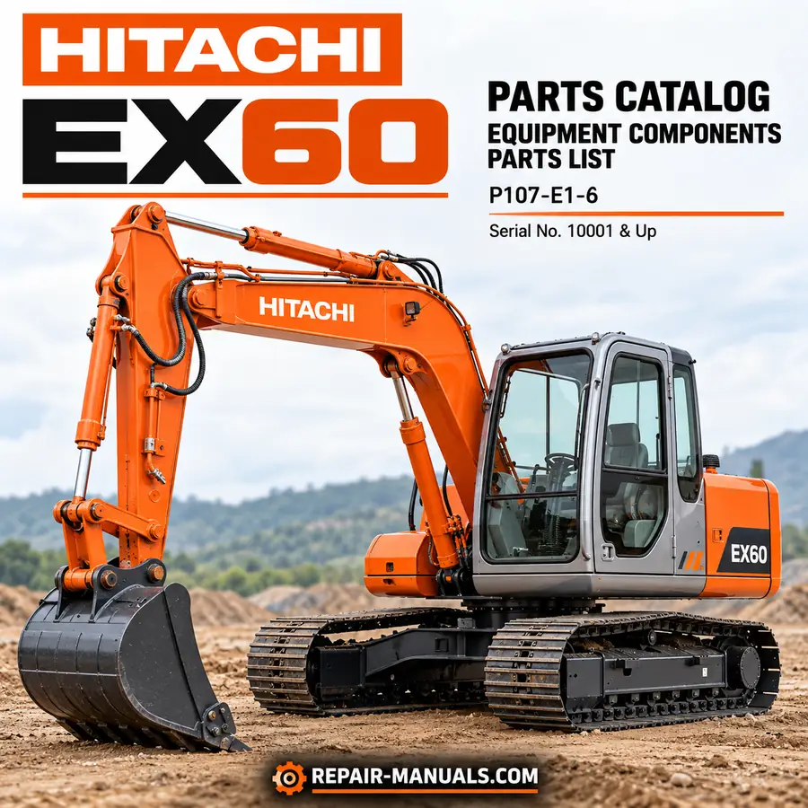 Hitachi EX60 excavator equipment components parts catalog P107-E1-6 cover featuring an orange Hitachi EX60 tracked excavator