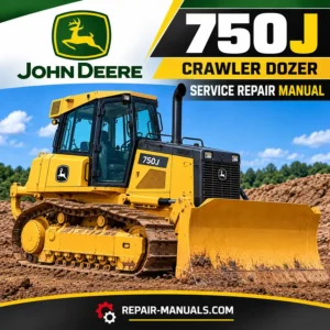 John Deere 750J crawler dozer workshop service repair manual PDF cover featuring yellow tracked bulldozer with Repair-Manuals.com branding