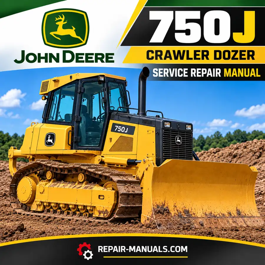 John Deere 750J crawler dozer workshop service repair manual PDF cover featuring yellow tracked bulldozer with Repair-Manuals.com branding